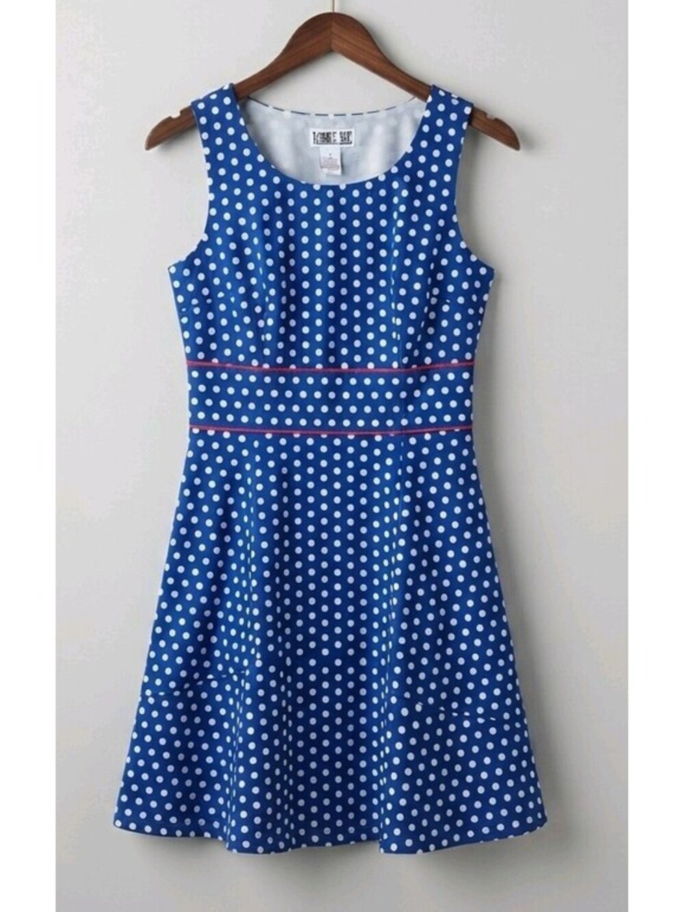Robbie Bee Vintage Dress Womens 10 Blue White Polka Dot Flare Red Trim Retro 359